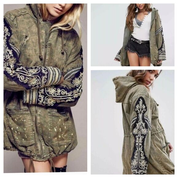 Free People Jackets & Blazers - Free People Jacket Sz M Golden Quills Embroidered Parka Military Green Hooded